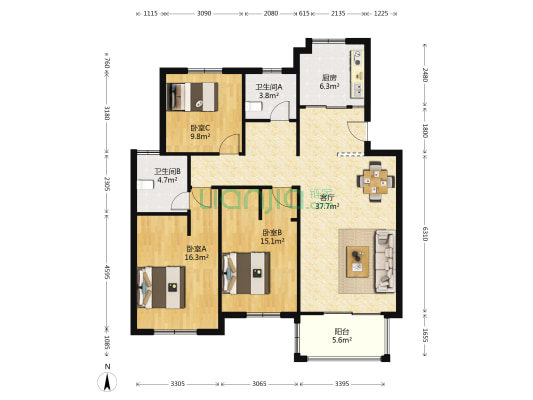 东江丽景 3室1厅2卫 124平方