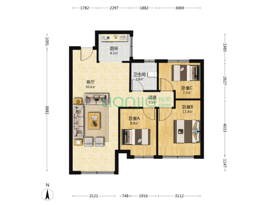 绿城兰州诚园明礼苑 3室1厅1卫 98平方