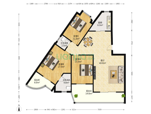 帝景花园 3室1厅2卫 136平方