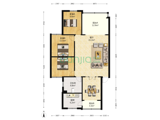 华泰花园 3室2厅1卫 124平方