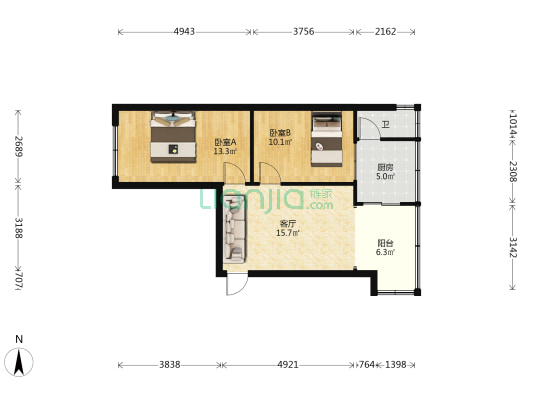 花果园大街7号 2室1厅1卫 57平方
