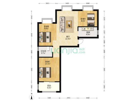 螺洲新城三区 3室1厅1卫 90平方