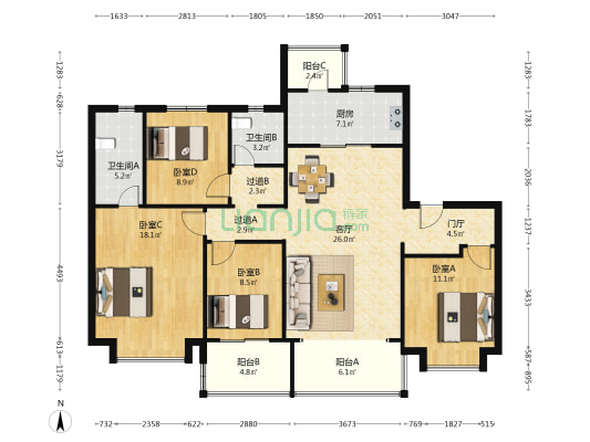 旭辉江山和鸣观庭 4室1厅2卫 143平方
