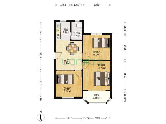 园西二居 3室1厅1卫 68平方