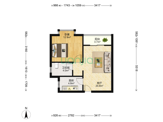 时尚公寓 1室1厅1卫 58平方