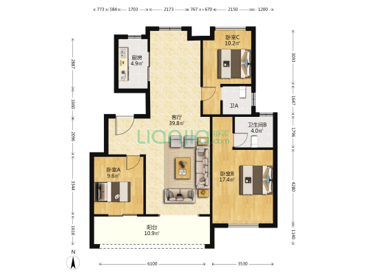 北京城房时代名门 3室1厅2卫 116平方