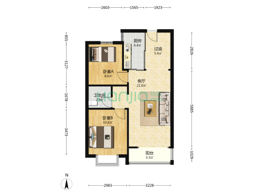 万科时代之光 2室1厅1卫 85平方