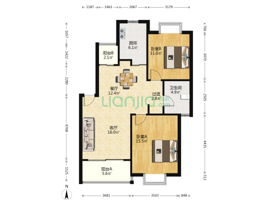 富隆苑 2室2厅1卫 90平方