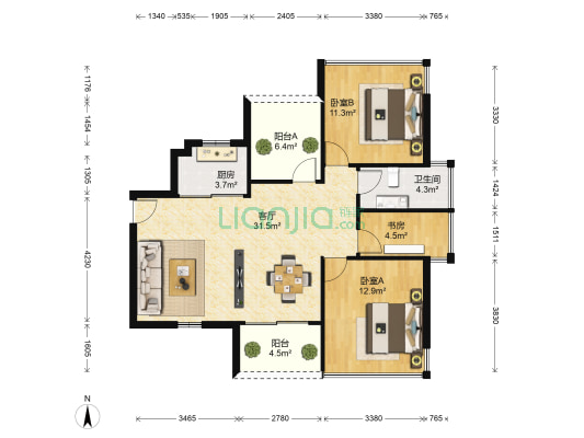 红日山湖 3室1厅1卫 83平方