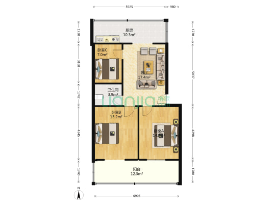 党校宿舍三号楼院 3室1厅1卫 82平方