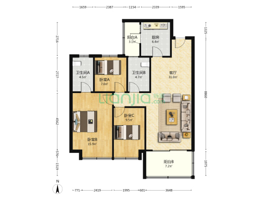 恒大时代广场 3室1厅2卫 124平方
