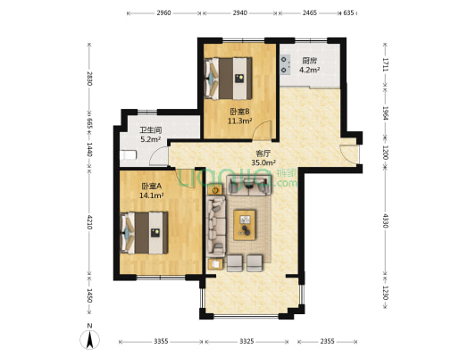 卓扬中华城 2室1厅1卫 93平方
