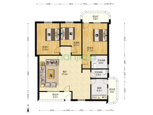 上坡公寓 3室1厅2卫 114平方