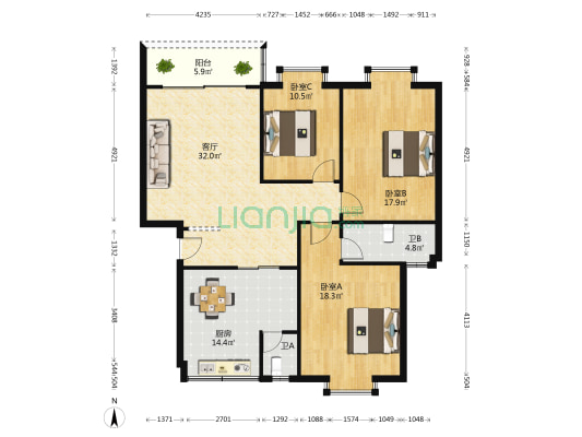 南苑小区 3室1厅2卫 126平方