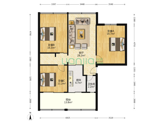 庆春东路57-113号 3室1厅1卫 103平方