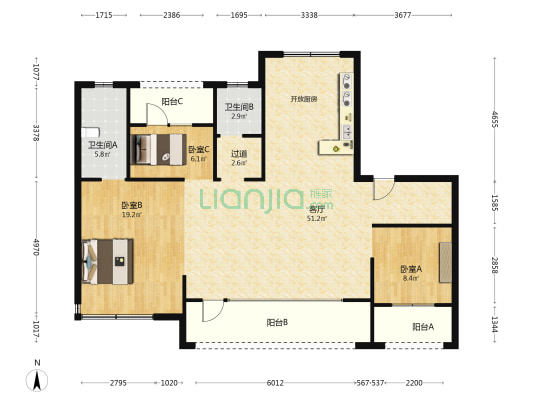 龙湖春江天玺A区 3室1厅2卫 143平方