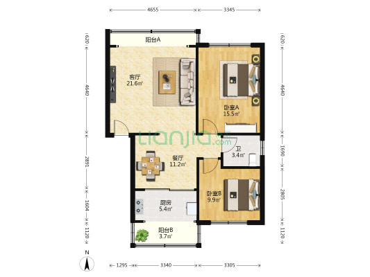 三立公寓 2室2厅1卫 91平方