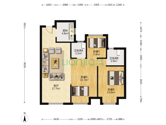 万固西江月 3室1厅2卫 89平方