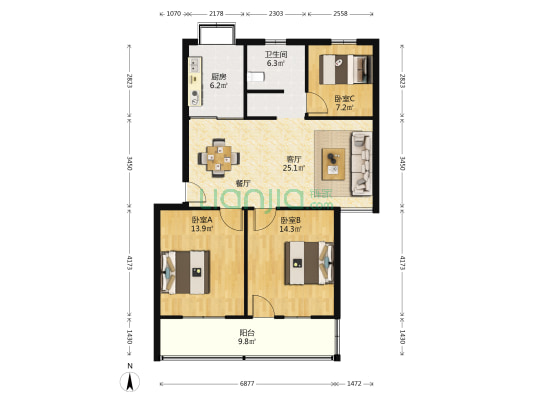 熊廷弼街80号 3室1厅1卫 97平方