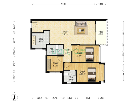 富港·水岸云天 3室1厅2卫 88平方