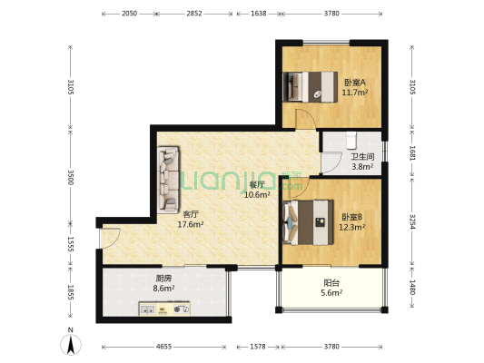 鼓楼新城 2室2厅1卫 86平方