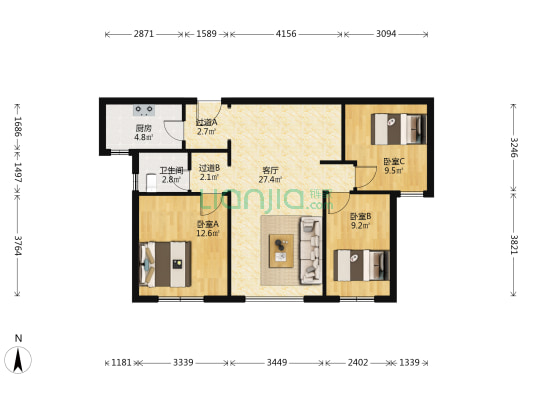 中冶德贤华府 3室1厅1卫 109平方