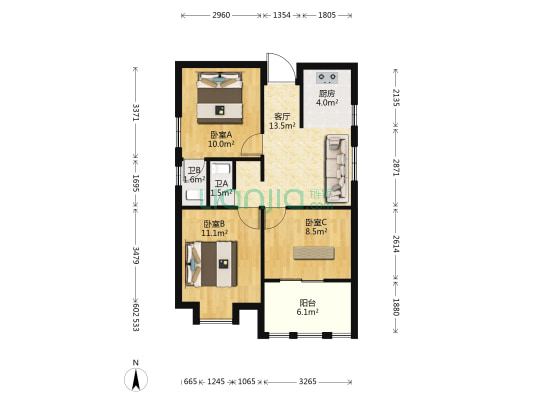 葛屿新苑 3室1厅2卫 75平方