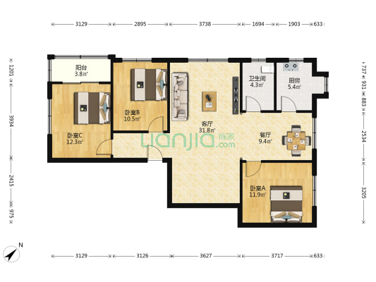 建新公寓 3室2厅1卫 114平方