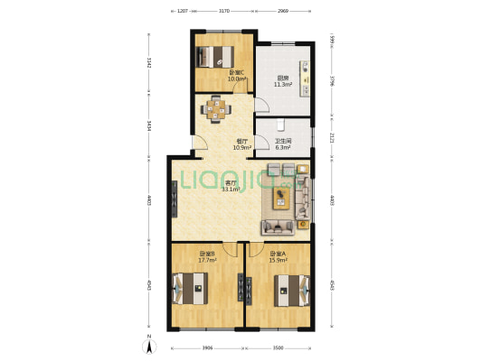 宏丰苑小区 3室2厅1卫 120平方