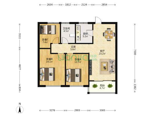 五矿崇文金城A区 3室1厅1卫 90平方