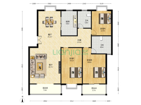 陕西省工人疗养院生活区 3室2厅2卫 171平方