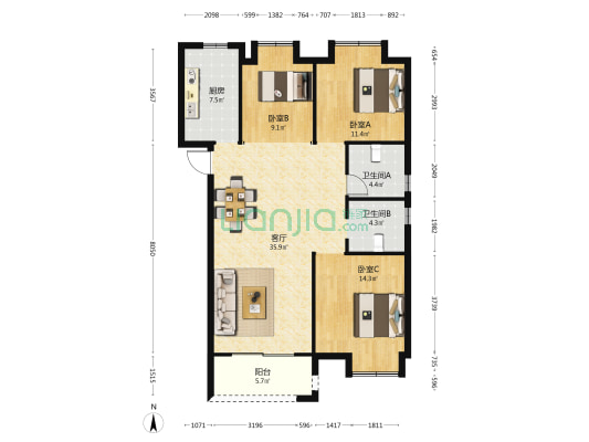 中建铂公馆k1 3室1厅2卫 126平方