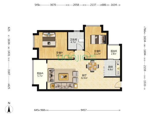 恒雨后现代城 2室1厅1卫 92平方