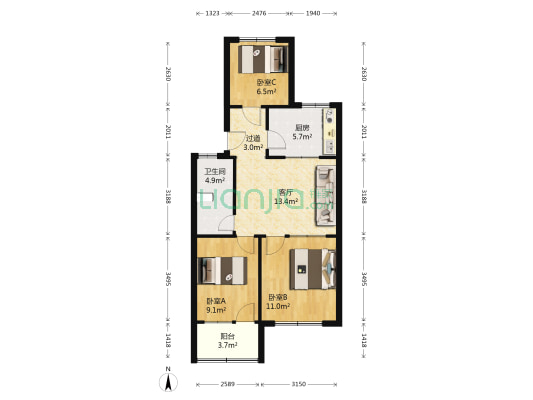福音小区 3室1厅1卫 68平方