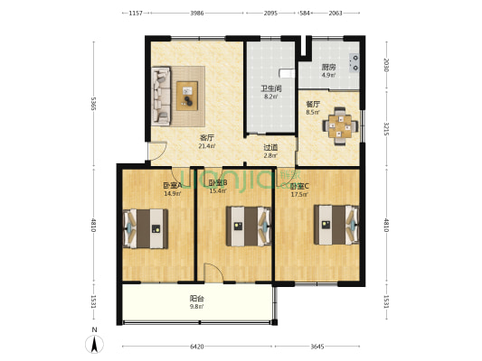 华厦家园 3室2厅1卫 117平方