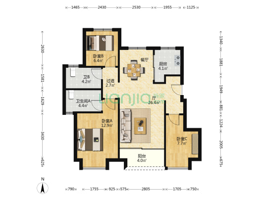 粤海·拾桂府（南区） 3室1厅2卫 90平方