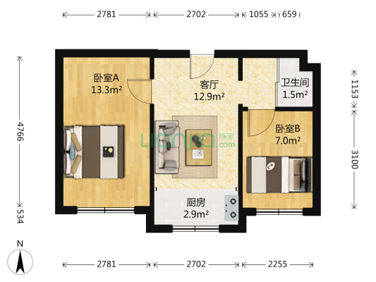 兵工花园 2室1厅1卫 54平方