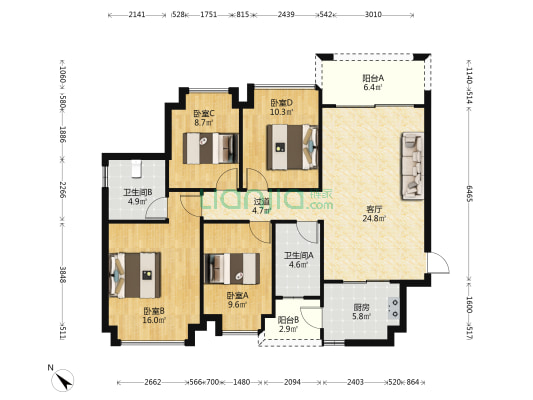 恒大雅苑 4室1厅2卫 120平方