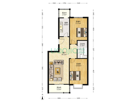 翰林园 2室1厅1卫 98平方