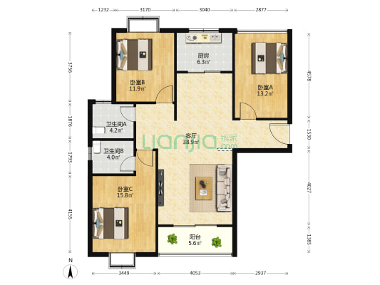 杭湾时代苑 3室1厅2卫 114平方
