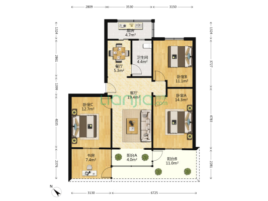 横丁字街45号 4室2厅1卫 85平方