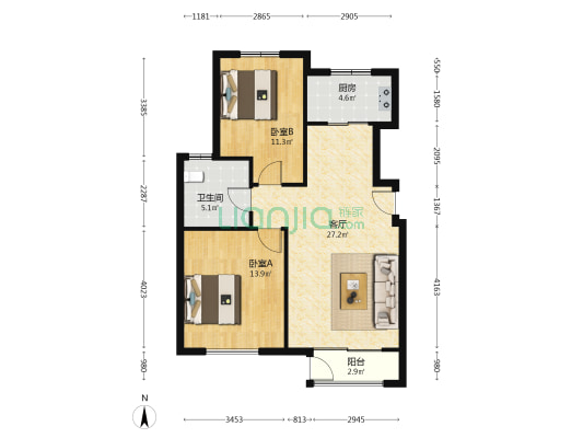 梅尚国际住区 2室1厅1卫 88平方