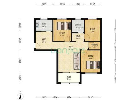 明皇家园 3室2厅1卫 96平方