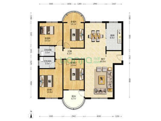 鑫业花园 4室1厅2卫 158平方