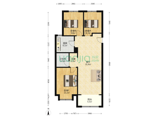 万科春和景明 3室1厅1卫 117平方