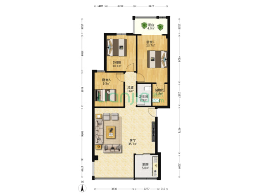 唐鸣祥福花园 3室1厅1卫 103平方