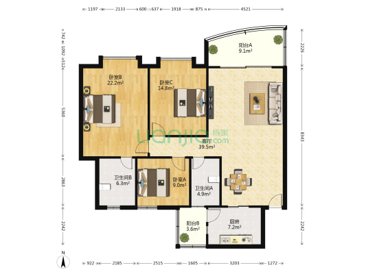 中房翡翠园A组团 3室1厅2卫 138平方