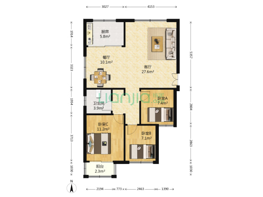 东岳鑫城 3室2厅1卫 117平方
