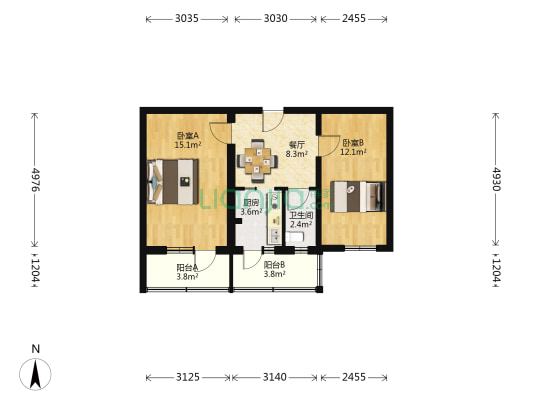 沙河生产宿舍 2室1厅1卫 61平方