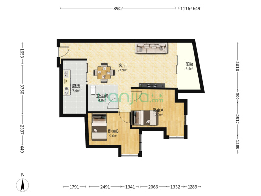 弘天·水云间小区 2室1厅1卫 77平方